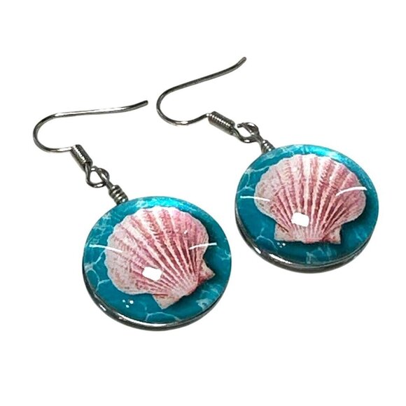 Boho Seashell Dangle Earrings Silver Tone Blue Pink - Picture 1 of 3
